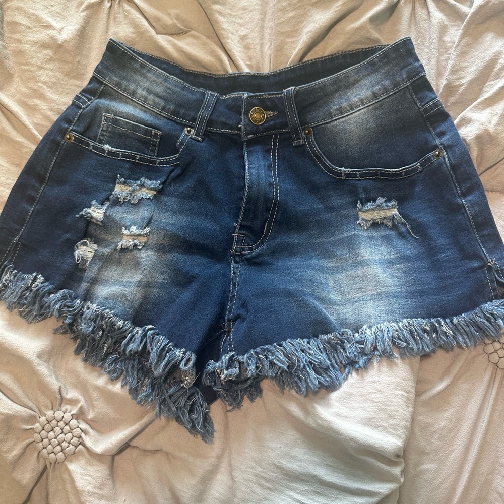 SHEIN Blue Distressed Jean Shorts Frayed Hem